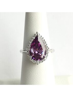 Amethyst CZ Halo Ring Teardrop Pear Cut Size 6